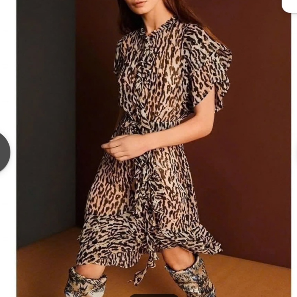 Munthe Gladiator Leopard Ruffle V Neck Midi Dress Women’s Sz 40‎